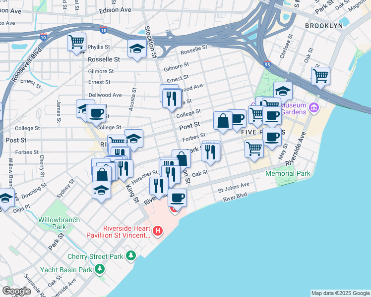 map of restaurants, bars, coffee shops, grocery stores, and more near 2504 Park Street in Jacksonville