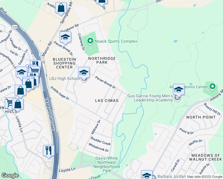 map of restaurants, bars, coffee shops, grocery stores, and more near 7311 Tumbleweed Drive in Austin