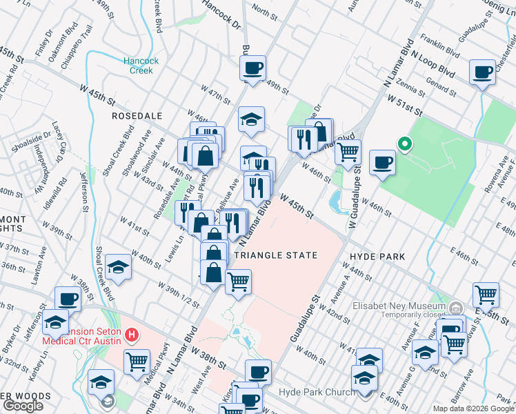 map of restaurants, bars, coffee shops, grocery stores, and more near 4400 North Lamar Boulevard in Austin