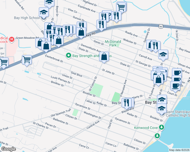 map of restaurants, bars, coffee shops, grocery stores, and more near 302 Saint Francis Street in Bay Saint Louis