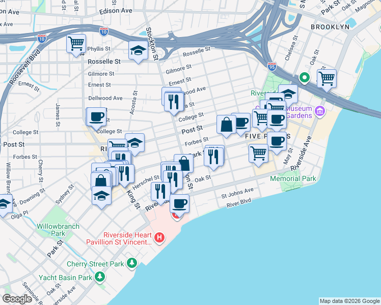 map of restaurants, bars, coffee shops, grocery stores, and more near 2504 Park Street in Jacksonville