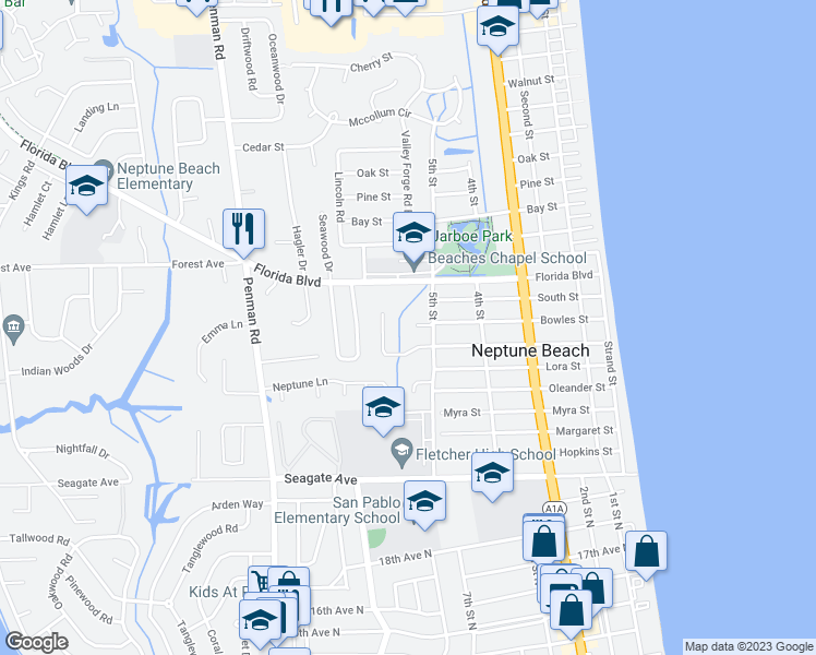 map of restaurants, bars, coffee shops, grocery stores, and more near 611 Bowles Street in Neptune Beach