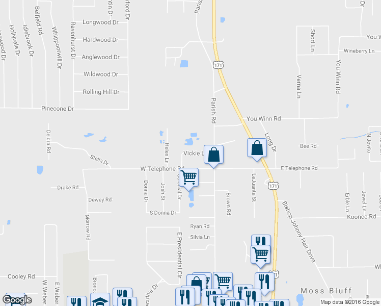 map of restaurants, bars, coffee shops, grocery stores, and more near 204 Vickie Lane in Lake Charles