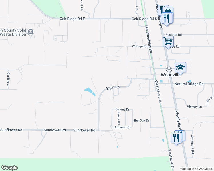 map of restaurants, bars, coffee shops, grocery stores, and more near 9433 Elgin Road in Tallahassee