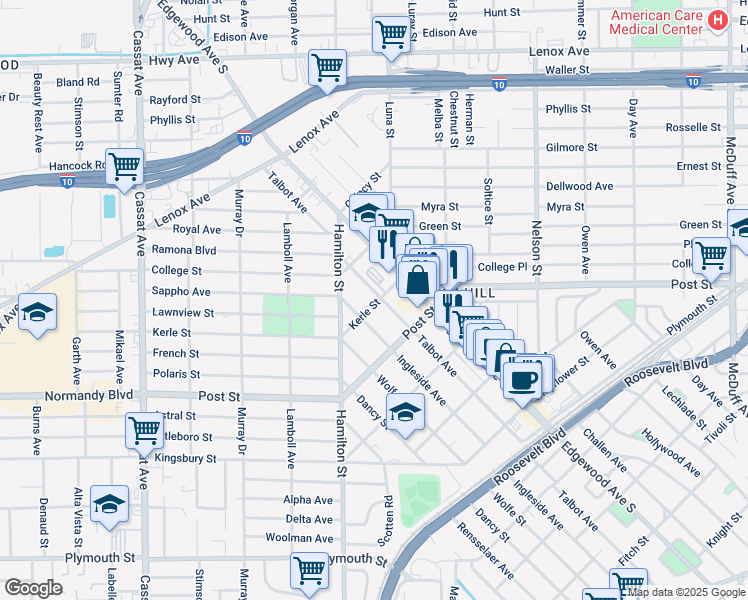 map of restaurants, bars, coffee shops, grocery stores, and more near 928 Talbot Avenue in Jacksonville