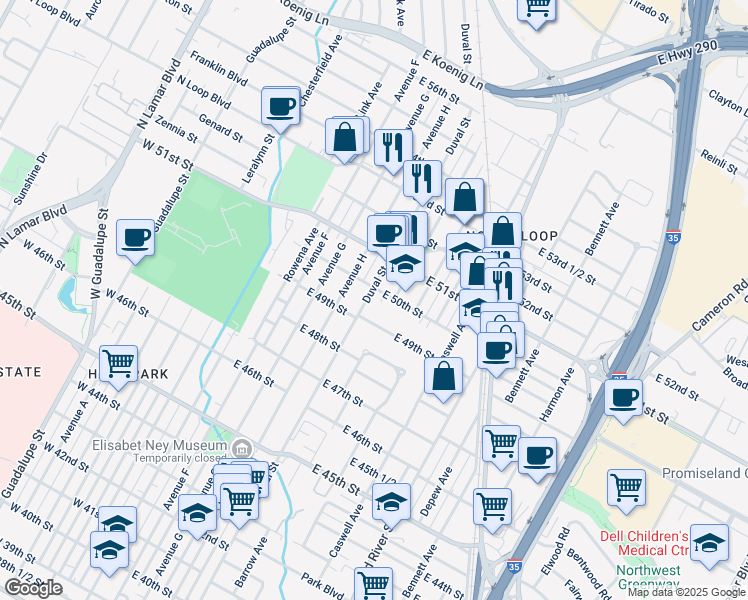 map of restaurants, bars, coffee shops, grocery stores, and more near 506 East 49th Street in Austin