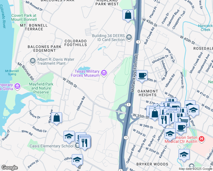 map of restaurants, bars, coffee shops, grocery stores, and more near 2210 West 35th Street in Austin