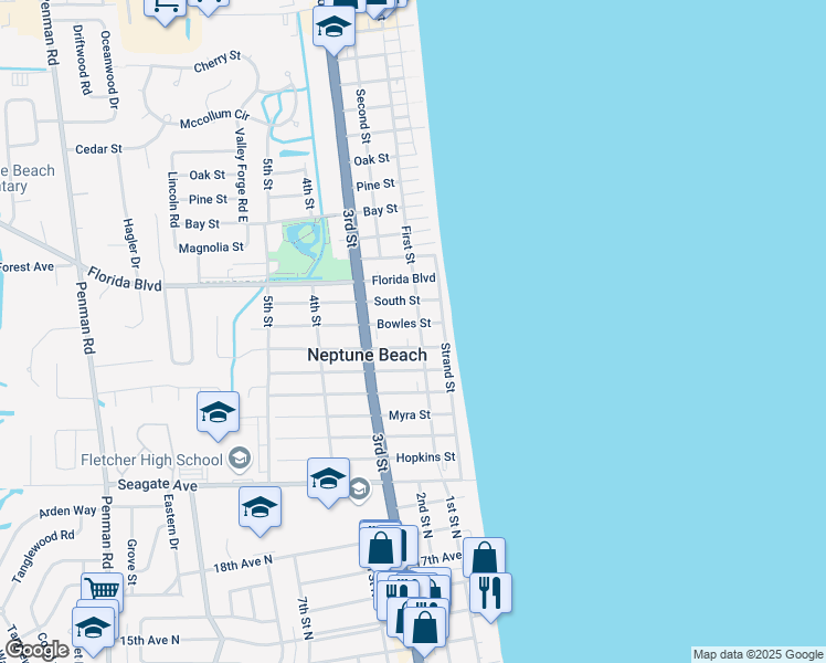 map of restaurants, bars, coffee shops, grocery stores, and more near 1602 First Street in Neptune Beach
