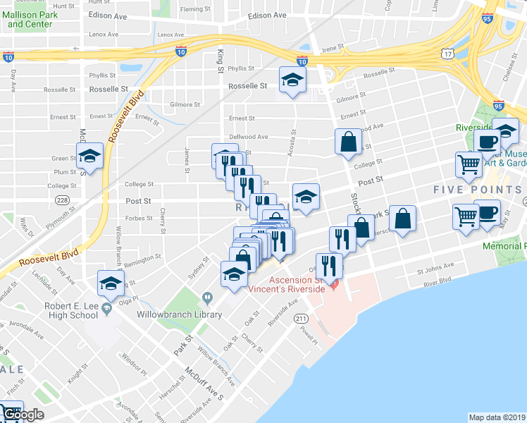 map of restaurants, bars, coffee shops, grocery stores, and more near 1233 King Street in Jacksonville
