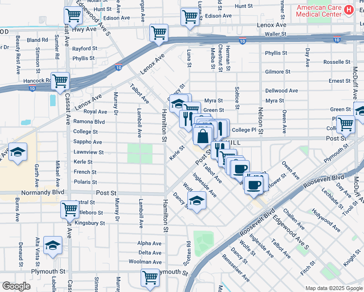 map of restaurants, bars, coffee shops, grocery stores, and more near 928 Talbot Avenue in Jacksonville