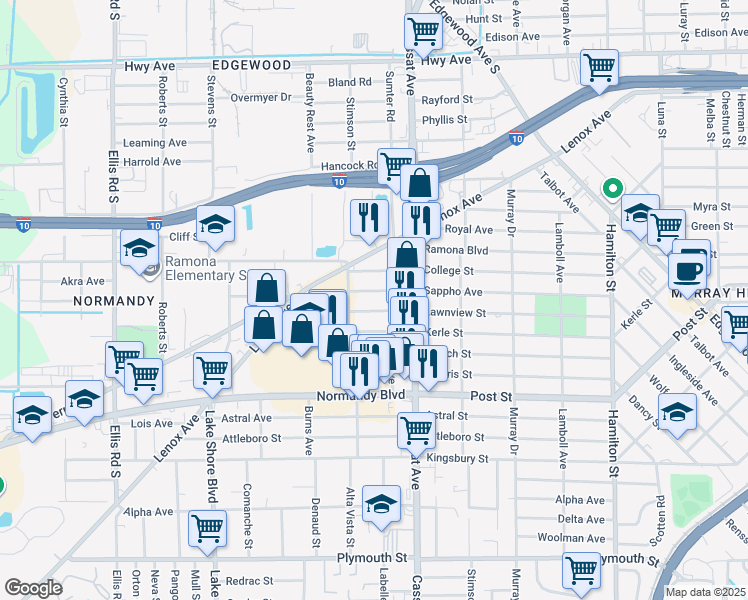 map of restaurants, bars, coffee shops, grocery stores, and more near 5036 Lawnview Street in Jacksonville