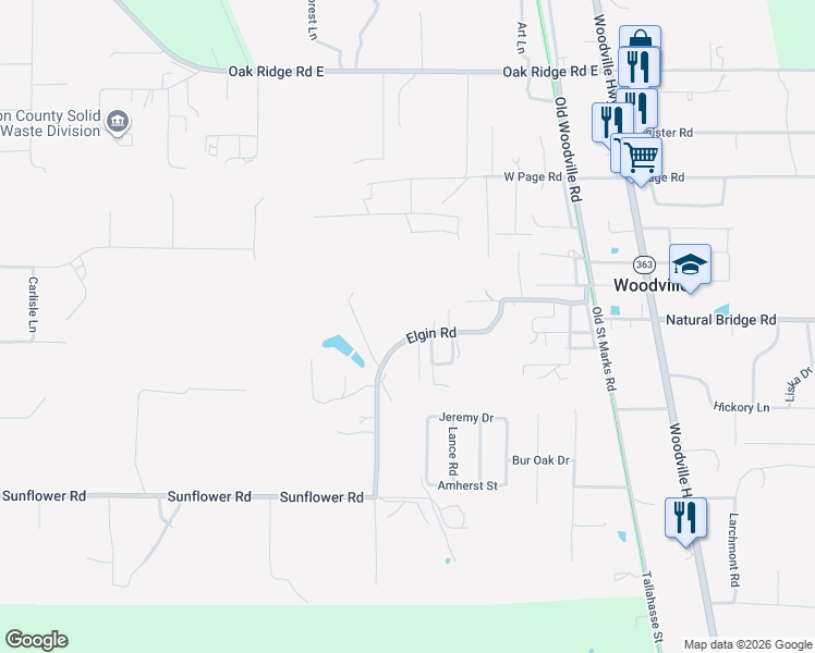 map of restaurants, bars, coffee shops, grocery stores, and more near 9433 Elgin Road in Tallahassee