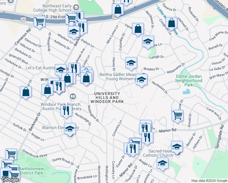 map of restaurants, bars, coffee shops, grocery stores, and more near 2200 Wheless Lane in Austin
