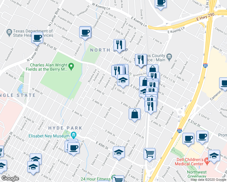 map of restaurants, bars, coffee shops, grocery stores, and more near 506 East 49th Street in Austin