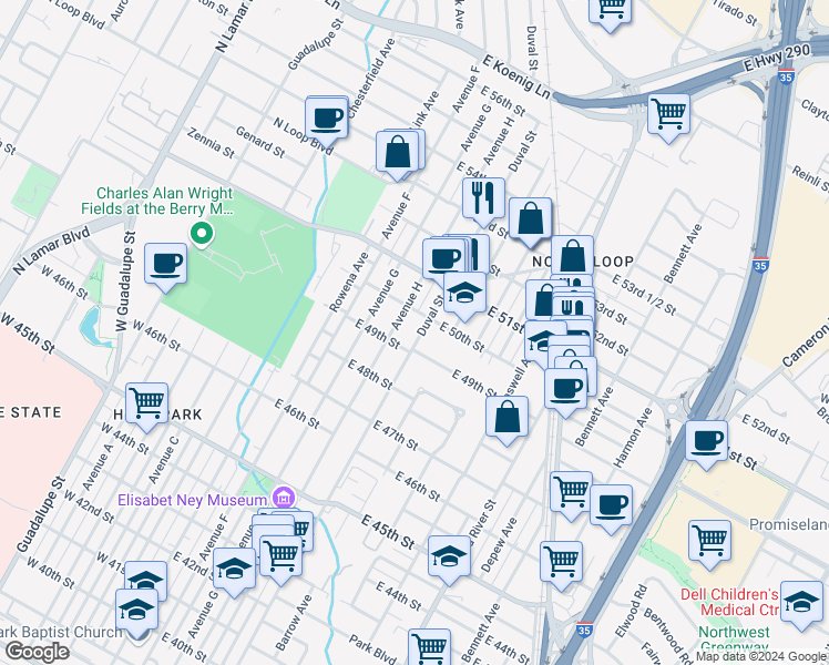 map of restaurants, bars, coffee shops, grocery stores, and more near 506 East 49th Street in Austin