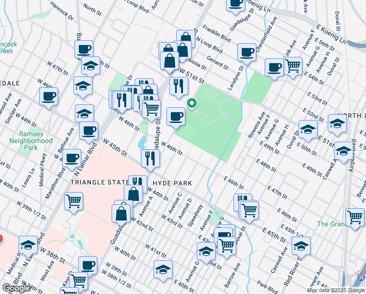 map of restaurants, bars, coffee shops, grocery stores, and more near in Austin