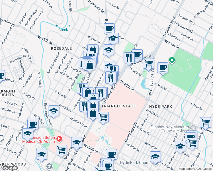 map of restaurants, bars, coffee shops, grocery stores, and more near 4305 Marathon Boulevard in Austin