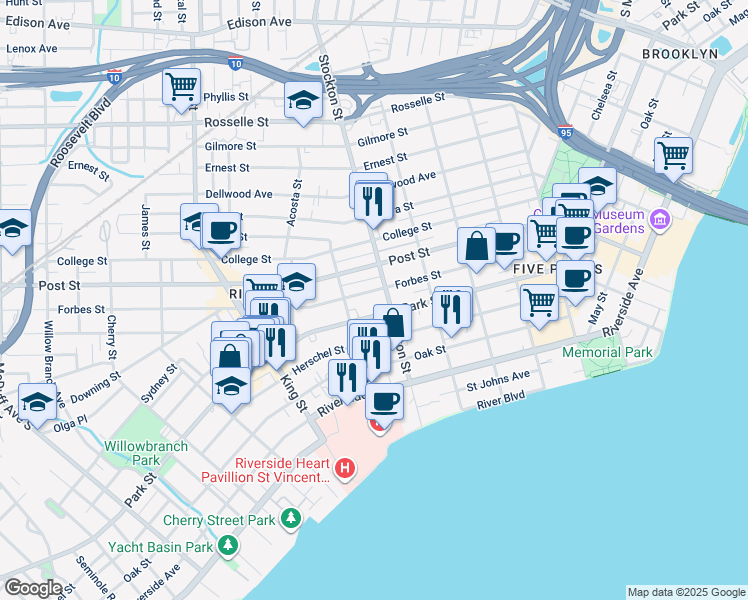 map of restaurants, bars, coffee shops, grocery stores, and more near 2504 Park Street in Jacksonville