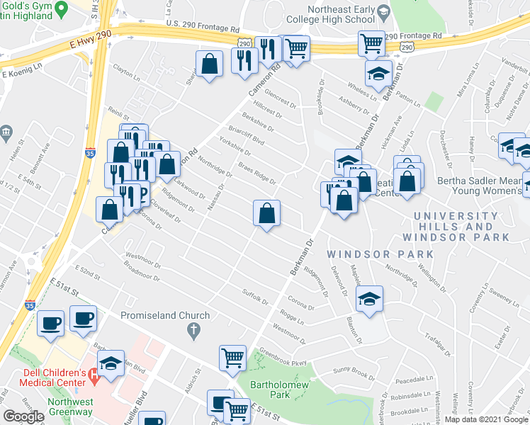 map of restaurants, bars, coffee shops, grocery stores, and more near Belfast Drive in Austin