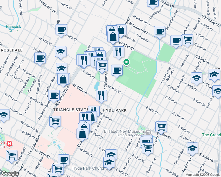 map of restaurants, bars, coffee shops, grocery stores, and more near 9102 Guadalupe Street in Austin