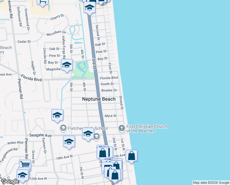 map of restaurants, bars, coffee shops, grocery stores, and more near 1602 First Street in Neptune Beach