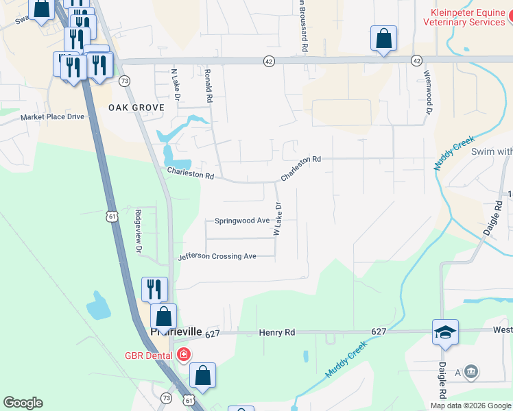 map of restaurants, bars, coffee shops, grocery stores, and more near 38160 Springwood Avenue in Prairieville