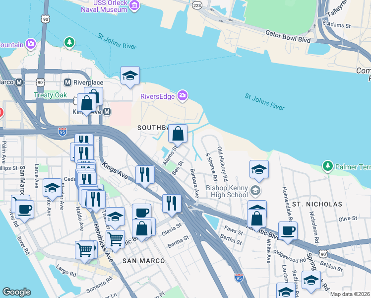 map of restaurants, bars, coffee shops, grocery stores, and more near 2032 Reed Avenue in Jacksonville