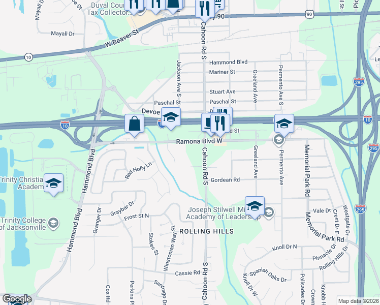 map of restaurants, bars, coffee shops, grocery stores, and more near 8146 Ramona Boulevard West in Jacksonville
