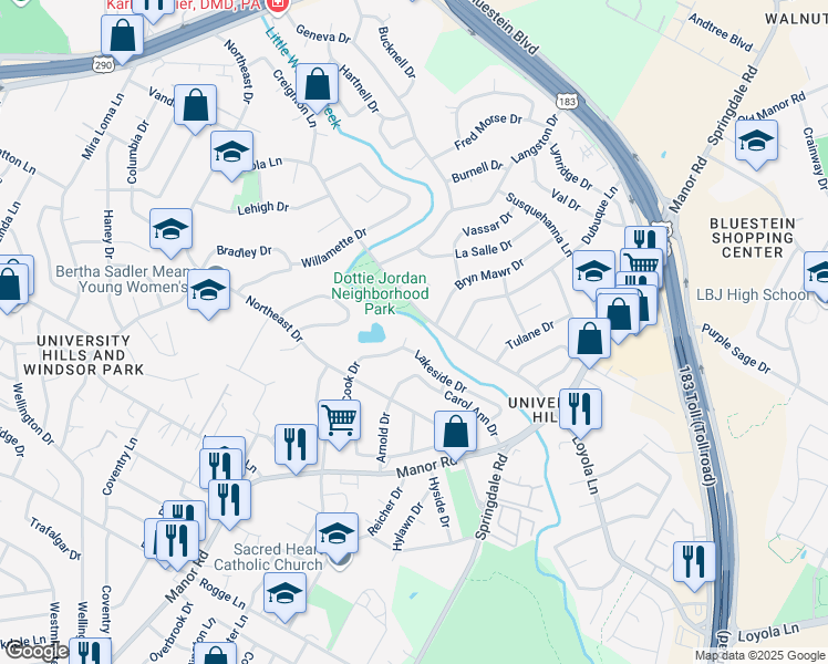 map of restaurants, bars, coffee shops, grocery stores, and more near 6615 Betty Cook Drive in Austin