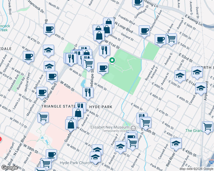 map of restaurants, bars, coffee shops, grocery stores, and more near 4605 Avenue A in Austin
