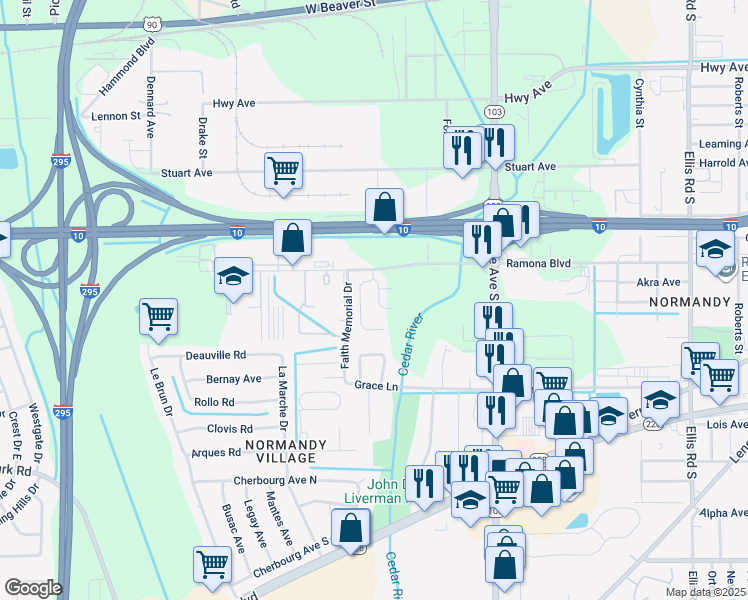 map of restaurants, bars, coffee shops, grocery stores, and more near 763 Bent Baum Road in Jacksonville