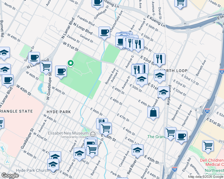 map of restaurants, bars, coffee shops, grocery stores, and more near 4812 Avenue G in Austin