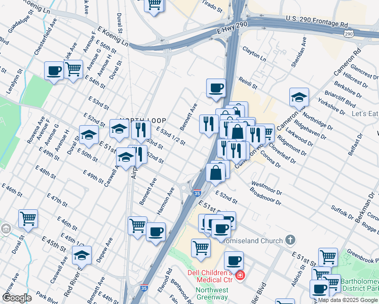 map of restaurants, bars, coffee shops, grocery stores, and more near 5306 Harmon Avenue in Austin