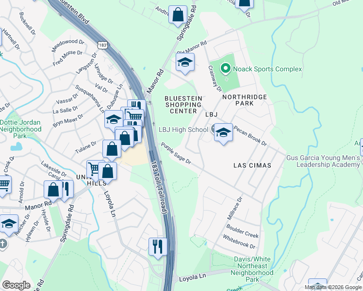 map of restaurants, bars, coffee shops, grocery stores, and more near 7200 Chisos Pass in Austin