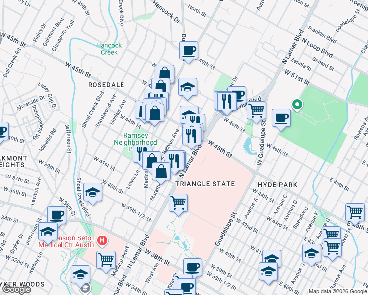 map of restaurants, bars, coffee shops, grocery stores, and more near 4403 Marathon Boulevard in Austin