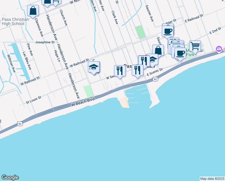 map of restaurants, bars, coffee shops, grocery stores, and more near Scenic Drive in Pass Christian