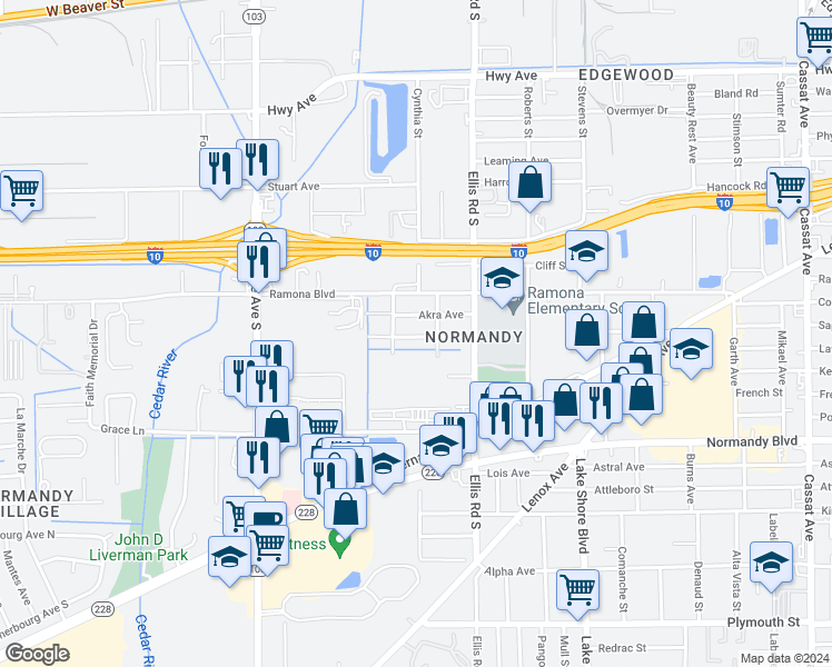 map of restaurants, bars, coffee shops, grocery stores, and more near 5695 Atlee Avenue in Jacksonville