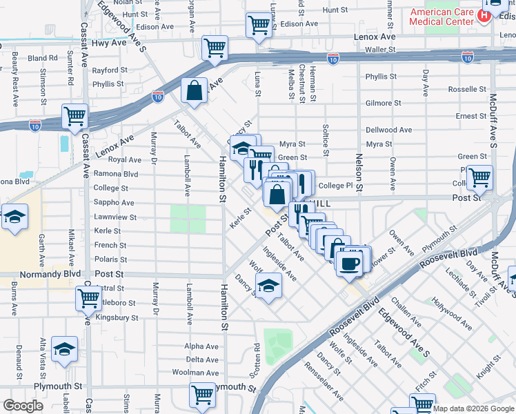map of restaurants, bars, coffee shops, grocery stores, and more near 840 Edgewood Avenue South in Jacksonville