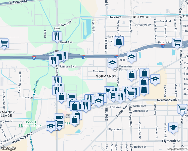 map of restaurants, bars, coffee shops, grocery stores, and more near 5687 Atlee Avenue in Jacksonville