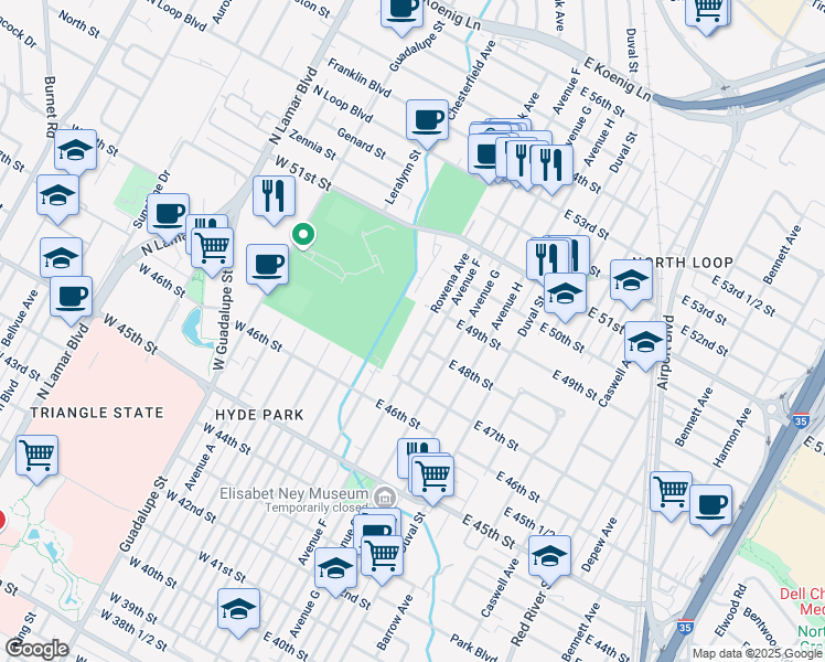map of restaurants, bars, coffee shops, grocery stores, and more near 4810 Rowena Avenue in Austin