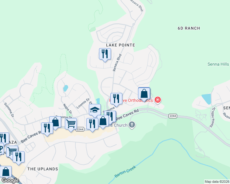 map of restaurants, bars, coffee shops, grocery stores, and more near 2621 Sterling Panorama Court in Austin