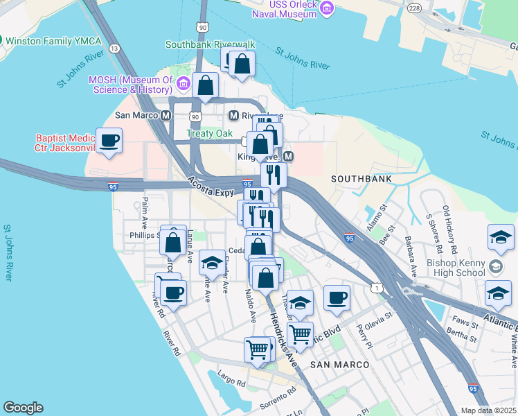 map of restaurants, bars, coffee shops, grocery stores, and more near 1245-1399 Naldo Ave in Jacksonville