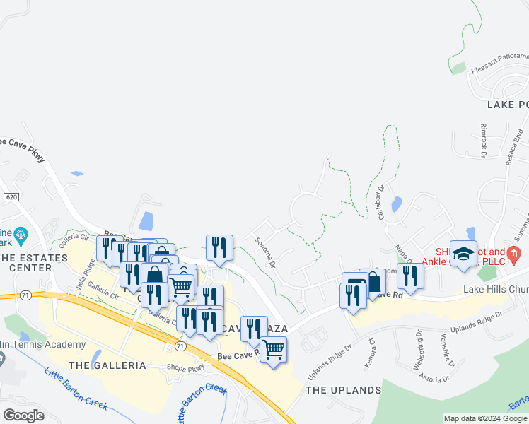 map of restaurants, bars, coffee shops, grocery stores, and more near 3300 San Benito Court in Austin