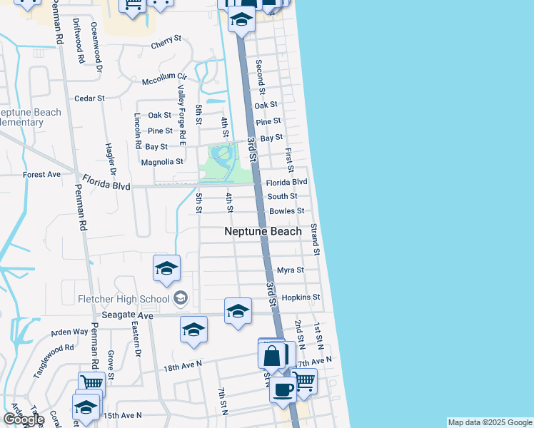 map of restaurants, bars, coffee shops, grocery stores, and more near 1501 3rd Street in Neptune Beach