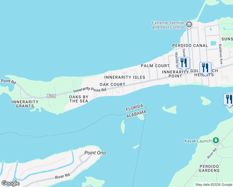 map of restaurants, bars, coffee shops, grocery stores, and more near 14665 Innerarity Point Road in Pensacola