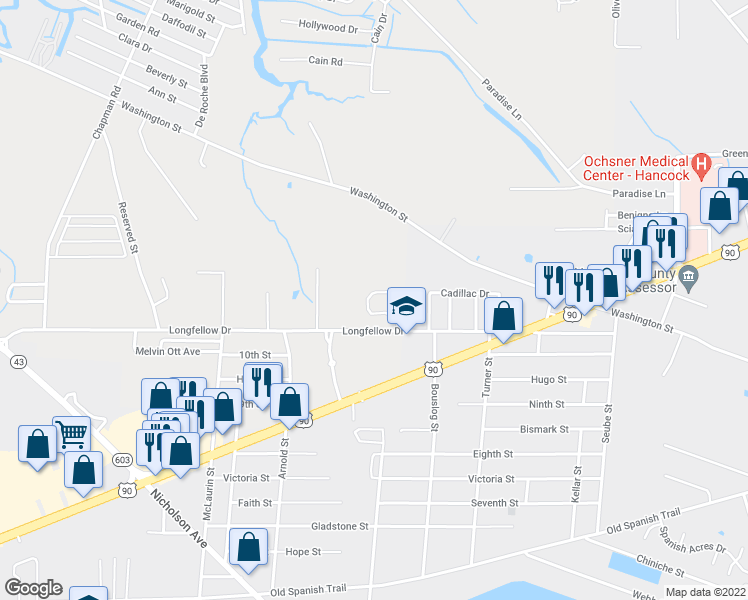 map of restaurants, bars, coffee shops, grocery stores, and more near 15 Bay Park Way in Bay St. Louis