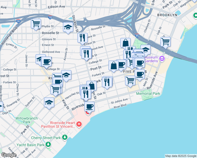 map of restaurants, bars, coffee shops, grocery stores, and more near 1104 Osceola Street in Jacksonville