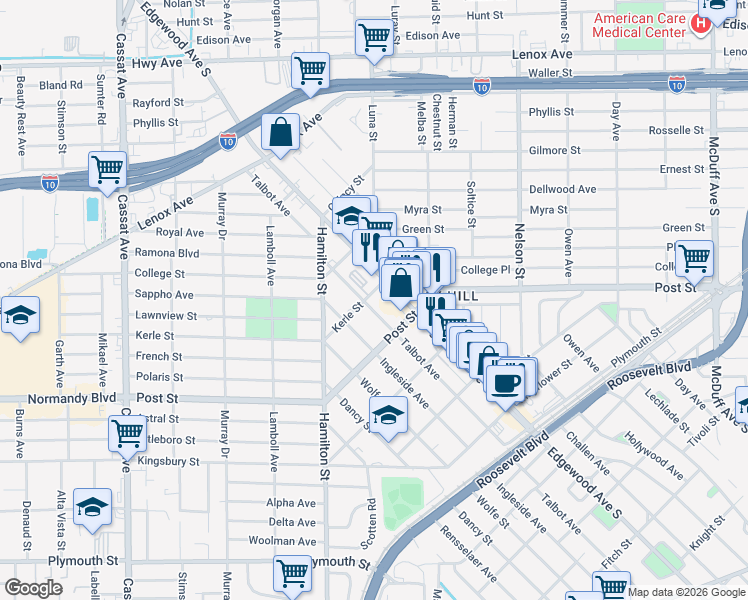 map of restaurants, bars, coffee shops, grocery stores, and more near 840 Edgewood Avenue South in Jacksonville