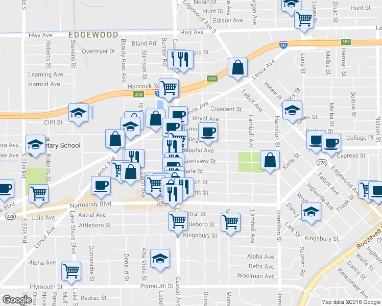 map of restaurants, bars, coffee shops, grocery stores, and more near 4808 College Street in Jacksonville