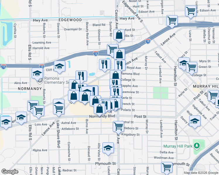 map of restaurants, bars, coffee shops, grocery stores, and more near 5044 College Street in Jacksonville